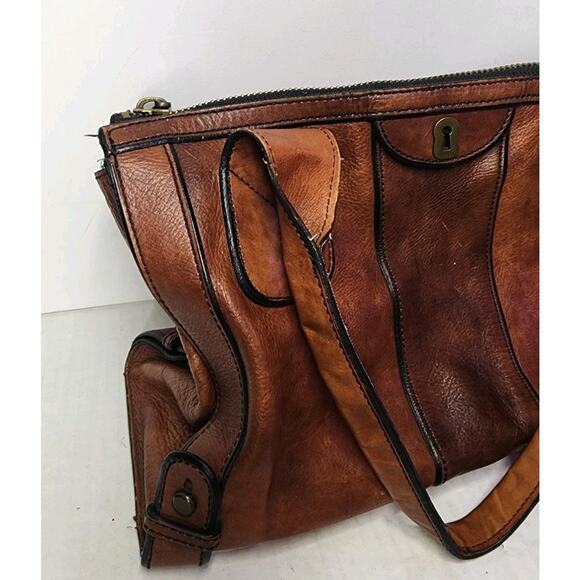 Vintage Fossil Reissue Large Satchel Handbag Camel Brown Leather With Key Charms - Picture 11 of 16